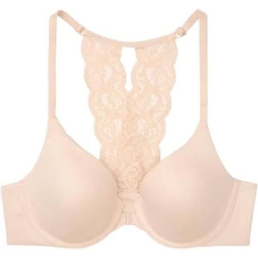 Victorias Secret Body By Victoria Racerback Bra Peach Pink Lace 38DD Front Close